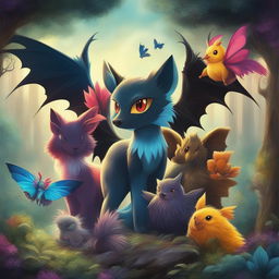 This digital art image depicts a unique Pokemon, a chimera of a wolf, bat, boar, black bird, butterfly, and chick