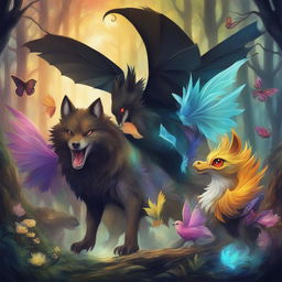 This digital art image depicts a unique Pokemon, a chimera of a wolf, bat, boar, black bird, butterfly, and chick