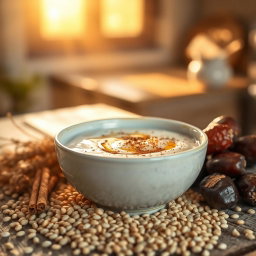 A serene and inviting scene featuring a warm bowl of talbina, a traditional Arabic dish made from barley, honey, and milk