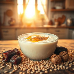 A serene and inviting scene featuring a warm bowl of talbina, a traditional Arabic dish made from barley, honey, and milk