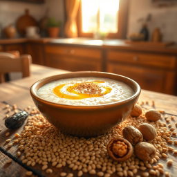A serene and inviting scene featuring a warm bowl of talbina, a traditional Arabic dish made from barley, honey, and milk