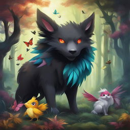 This digital art image depicts a unique Pokemon, a chimera of a wolf, bat, boar, black bird, butterfly, and chick