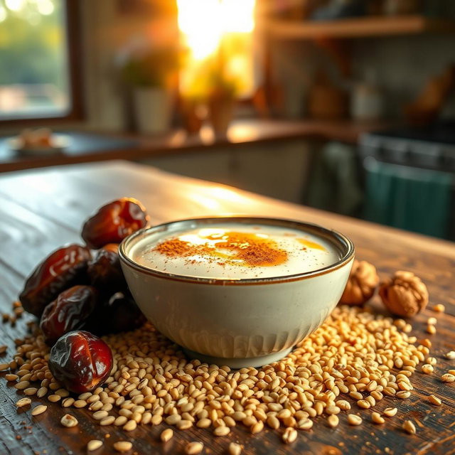 A serene and inviting scene featuring a warm bowl of talbina, a traditional Arabic dish made from barley, honey, and milk