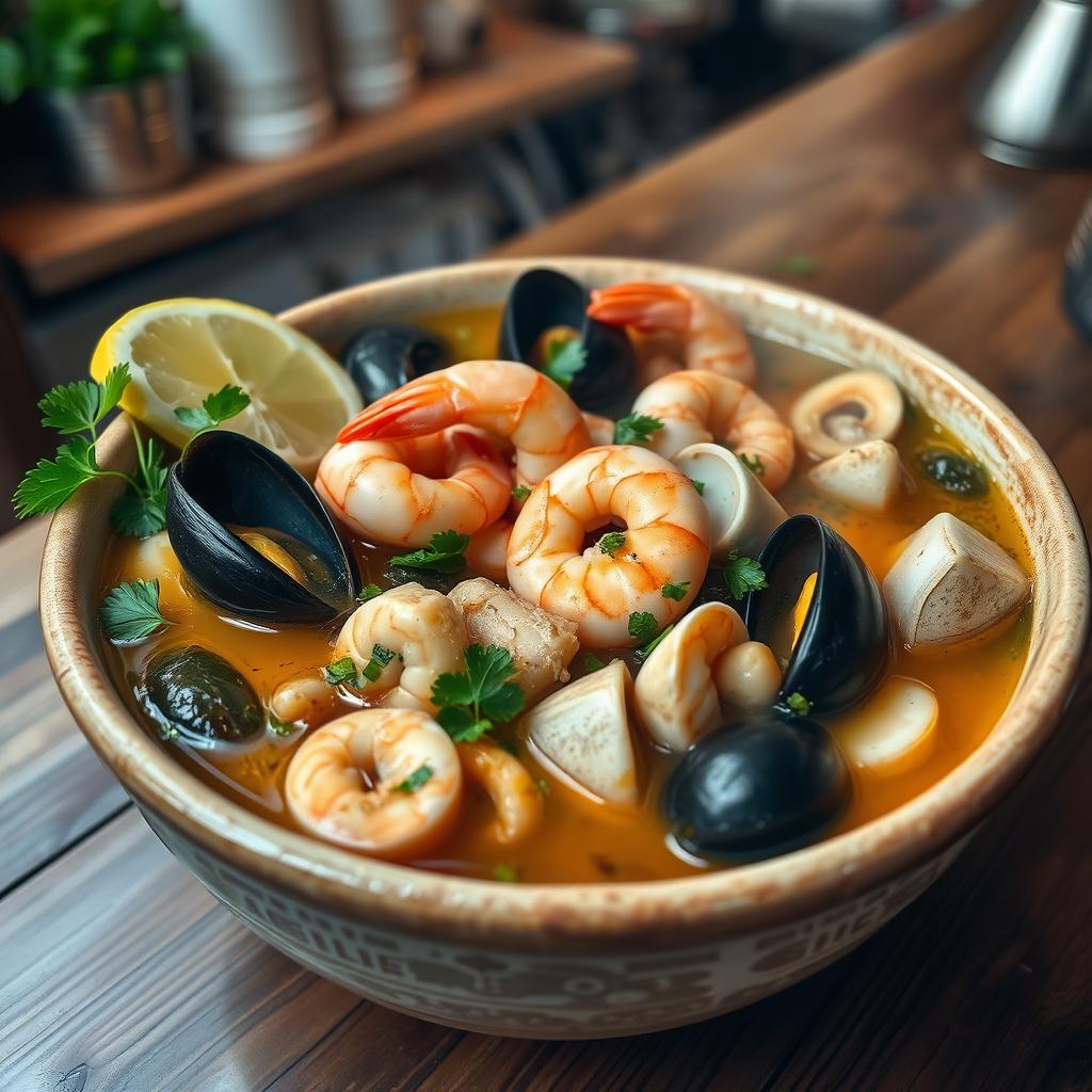 A steaming bowl of seafood soup brimming with fresh shrimp, mussels, clams, and pieces of fish, garnished with fresh parsley and slices of lemon