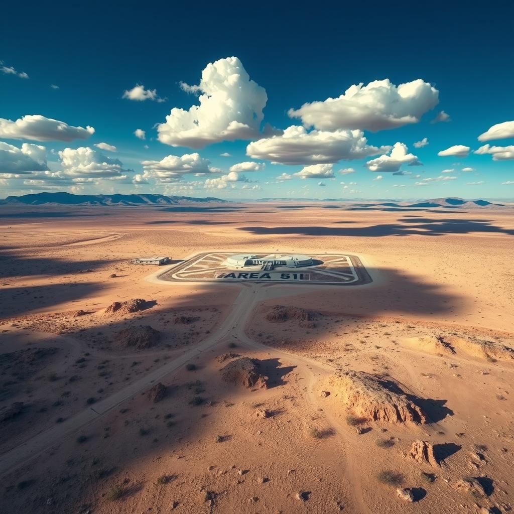 A breathtaking aerial photograph of Area 51 captured by a drone, showcasing the expansive desert landscape surrounding the mysterious military base