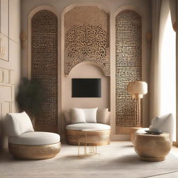 A podcast corner featuring a modern Arabic design with elegant furniture, Arabic motifs, and advanced tech equipment.