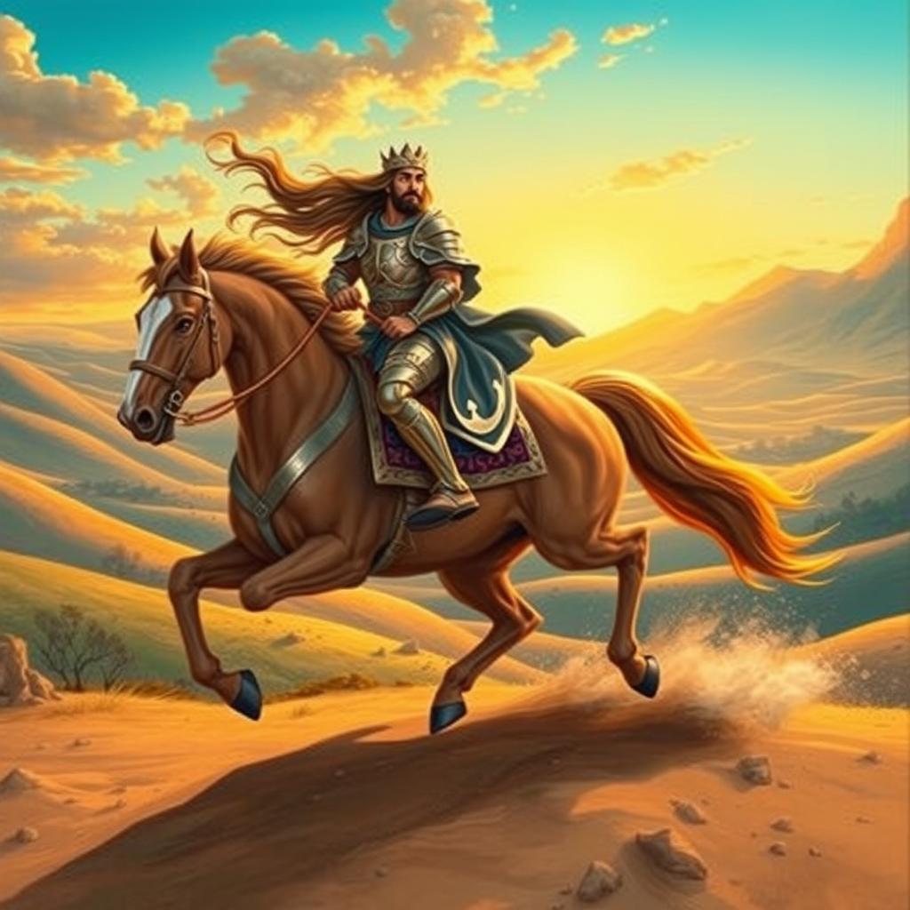A breathtaking scene of Sohrab riding a magnificent horse, showcasing his heroic stature and the beauty of Persian art from the Shahnameh