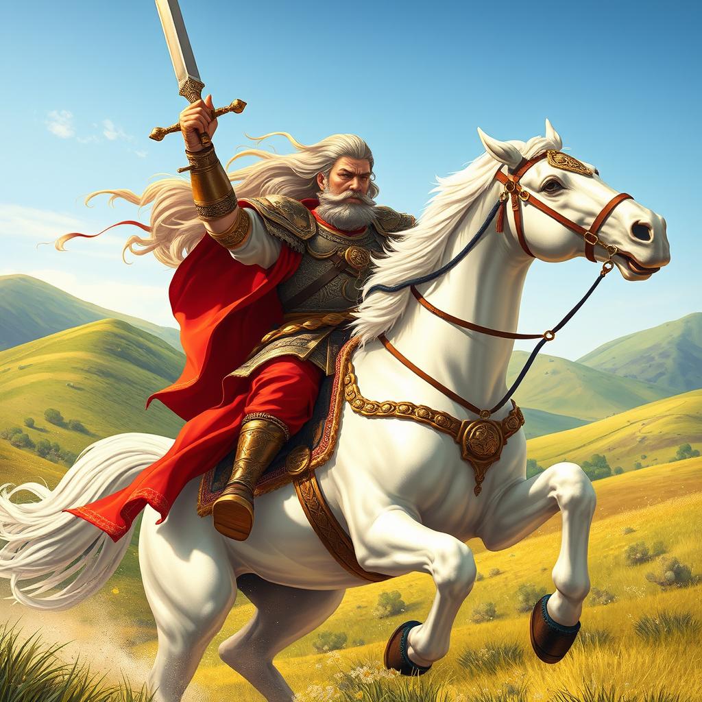 A dynamic scene featuring Sohrab, a legendary Persian warrior from the Shahnameh, riding a magnificent white horse across a verdant landscape