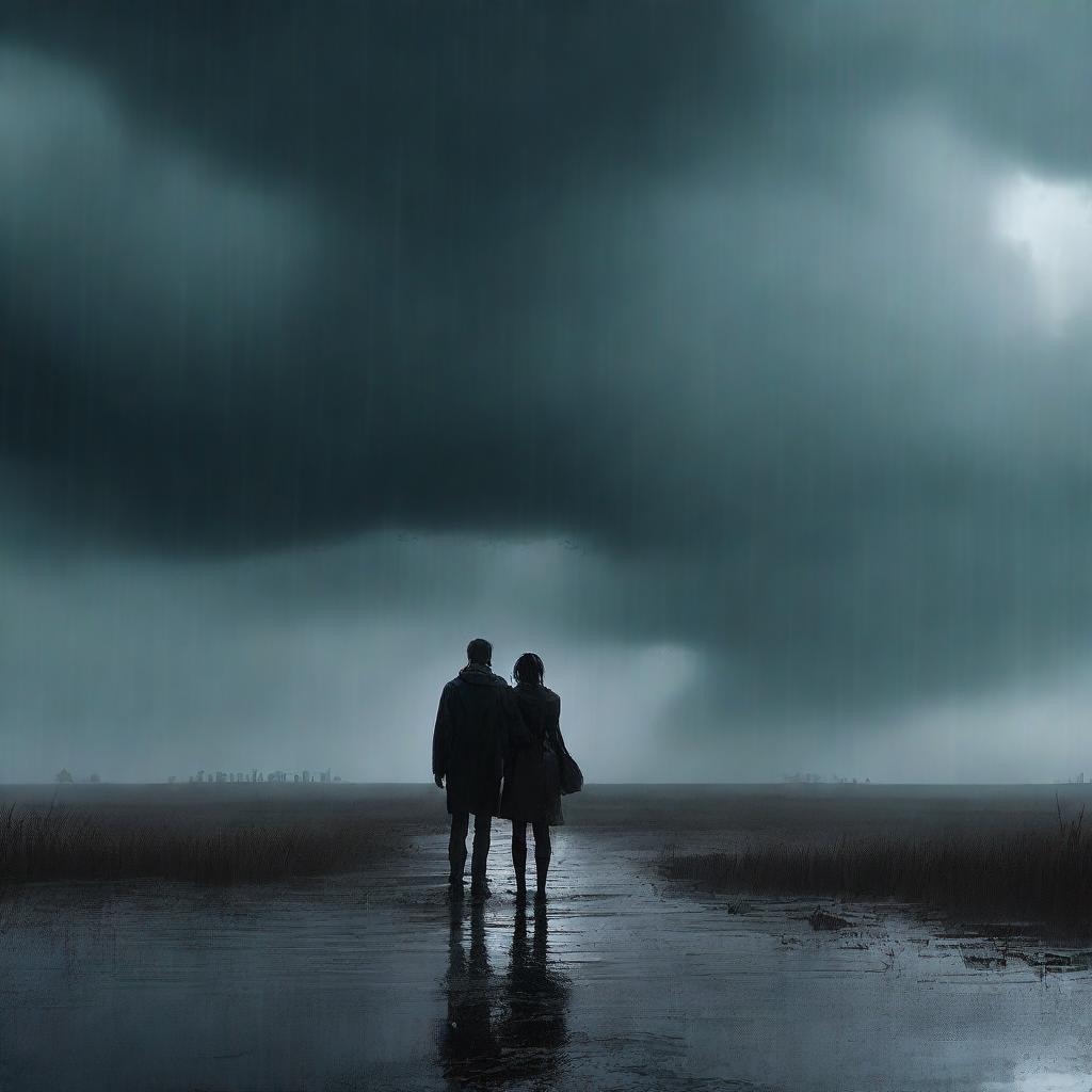 A poignant digital art image that captures a scene of a couple standing apart in a stormy setting