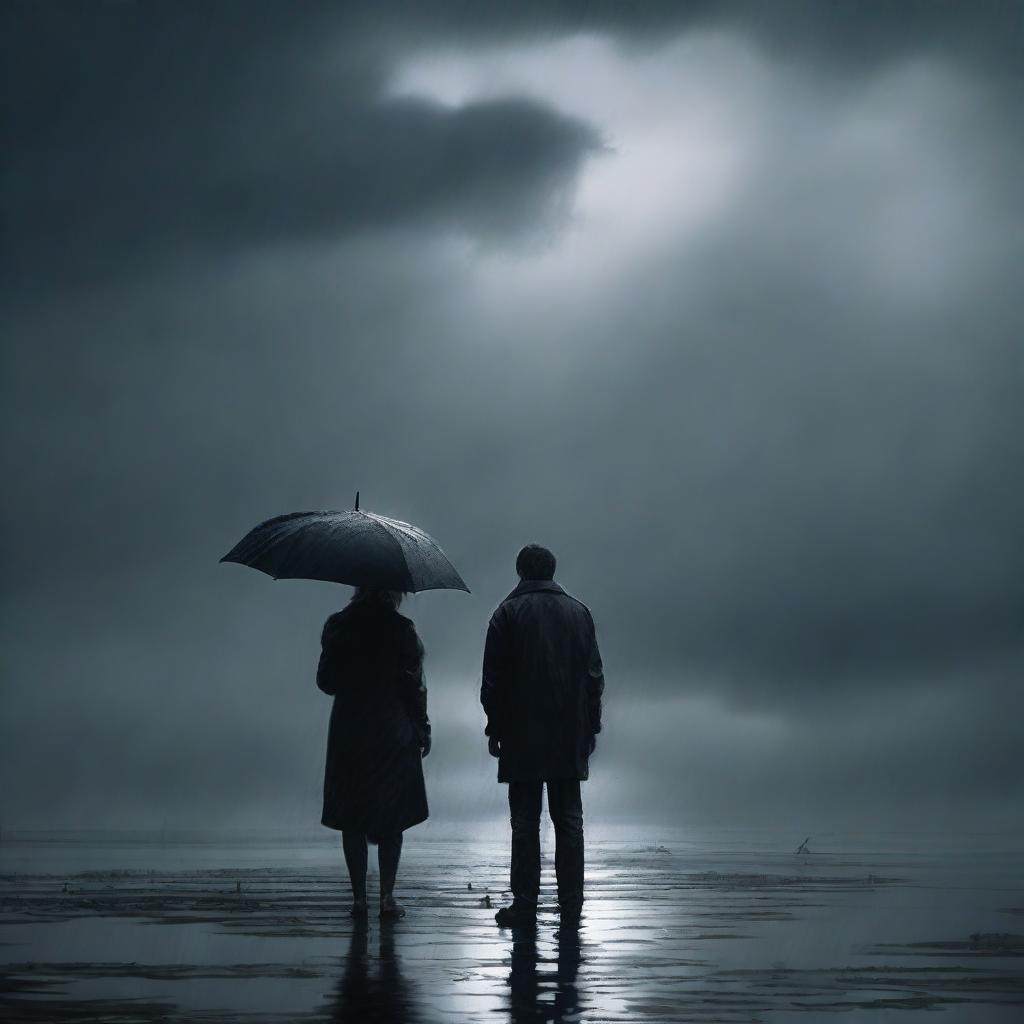 A poignant digital art image that captures a scene of a couple standing apart in a stormy setting