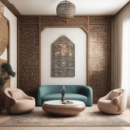 A podcast corner featuring a modern Arabic design with elegant furniture, Arabic motifs, and advanced tech equipment.