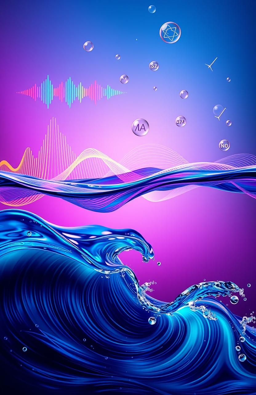 A visually striking representation of oscillations and waves, showcasing various types such as sound waves, light waves, and water waves