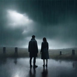 A poignant digital art image that captures a scene of a couple standing apart in a stormy setting