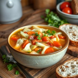 A delicious and vibrant bowl of cabbage soup featuring tender slices of green cabbage, colorful bell peppers, diced tomatoes, and aromatic herbs