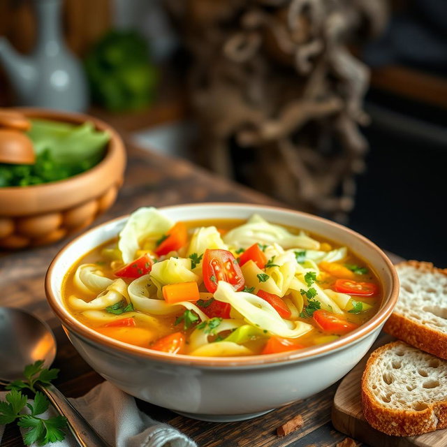 A delicious and vibrant bowl of cabbage soup featuring tender slices of green cabbage, colorful bell peppers, diced tomatoes, and aromatic herbs
