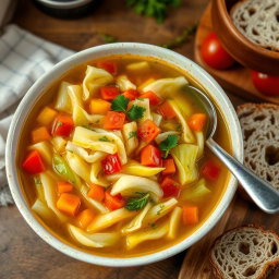 A delicious and vibrant bowl of cabbage soup featuring tender slices of green cabbage, colorful bell peppers, diced tomatoes, and aromatic herbs