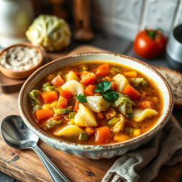 A delicious and vibrant bowl of cabbage soup featuring tender slices of green cabbage, colorful bell peppers, diced tomatoes, and aromatic herbs