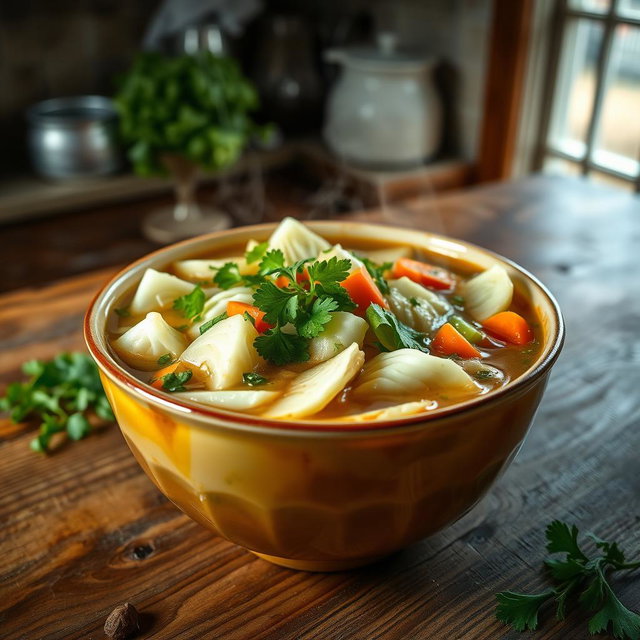 A delicious cabbage soup, featuring tender slices of cabbage in a rich, flavorful broth