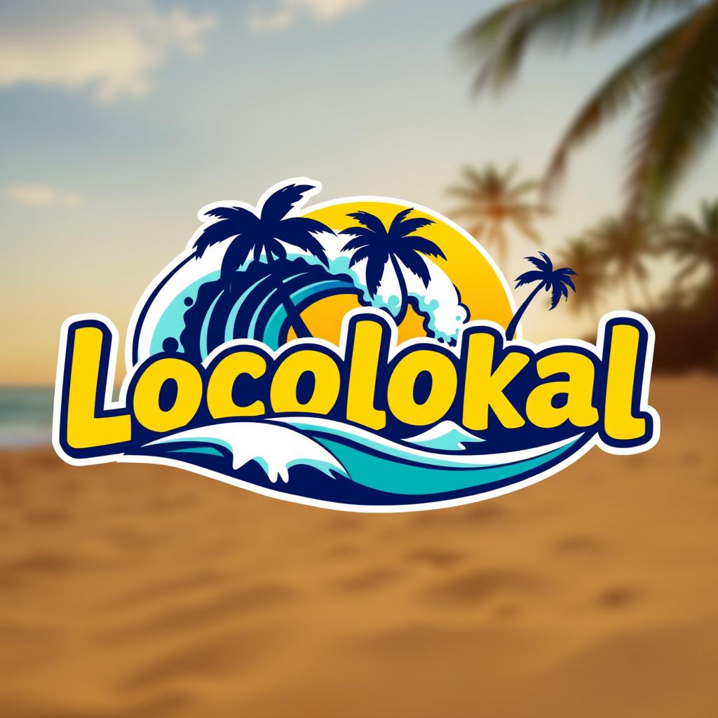 A vibrant and modern surf logo design for 'Locolokal', incorporating elements of ocean waves, palm trees, and a sun setting in the background