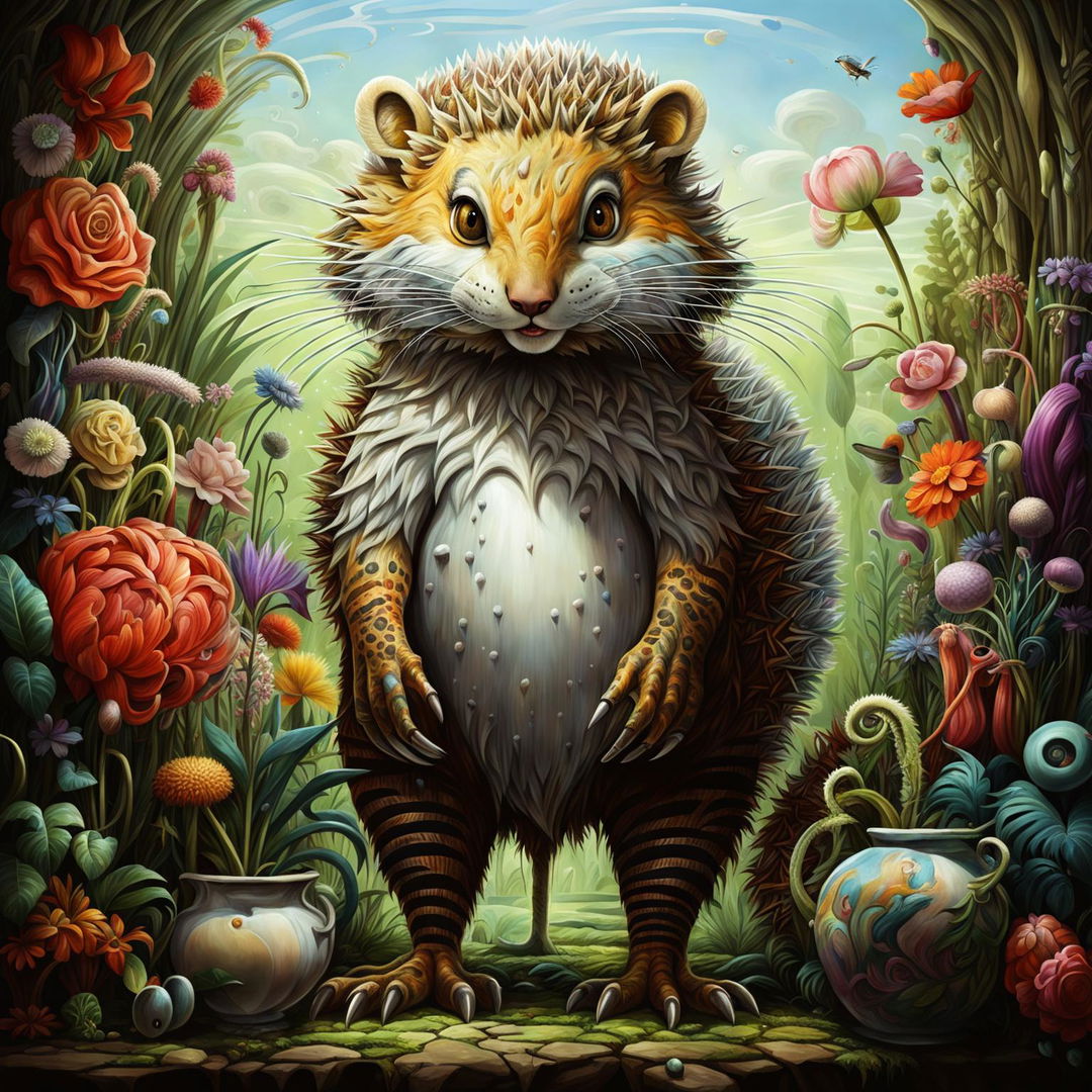 The digital art image features a unique creature named 'FICA Darcus', inspired by a range of animals and nature