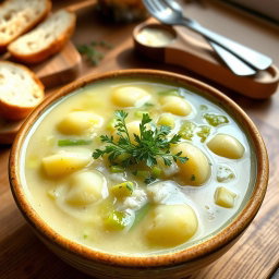 A delicious bowl of celery and potato soup, garnished with fresh herbs, steaming hot, and served in a rustic ceramic bowl