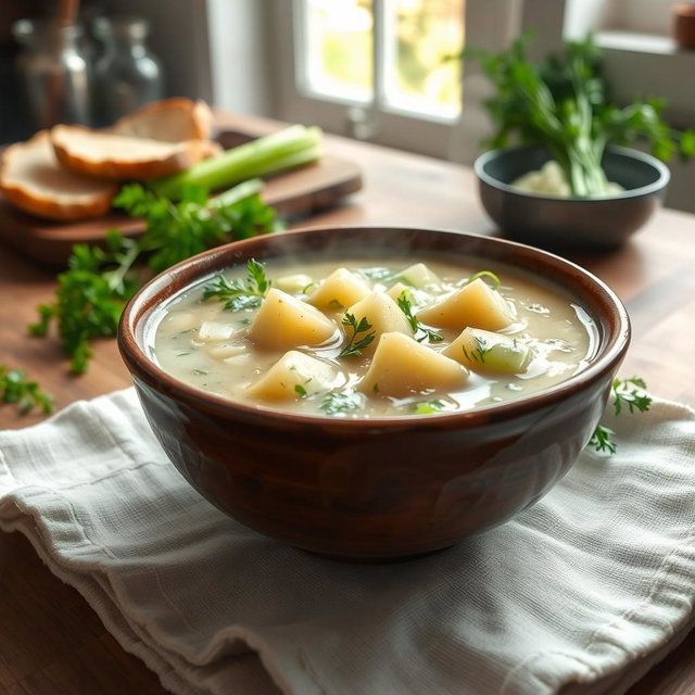 A delicious bowl of celery and potato soup, garnished with fresh herbs, steaming hot, and served in a rustic ceramic bowl