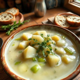 A delicious bowl of celery and potato soup, garnished with fresh herbs, steaming hot, and served in a rustic ceramic bowl