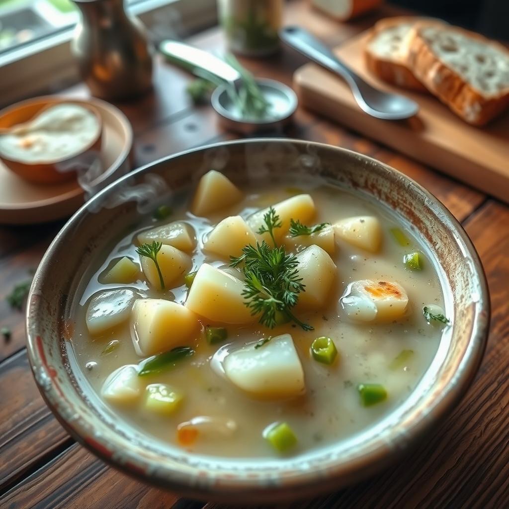 A delicious bowl of celery and potato soup, garnished with fresh herbs, steaming hot, and served in a rustic ceramic bowl