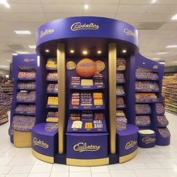 An elegantly adorned Cadbury chocolate stand at a supermarket with Ramadan-inspired motifs. This curvy, Islamic-shaped stand showcases shelves of delectable treats bathed in warm light and adorned with Ramadan lanterns, setting up a festive atmosphere.