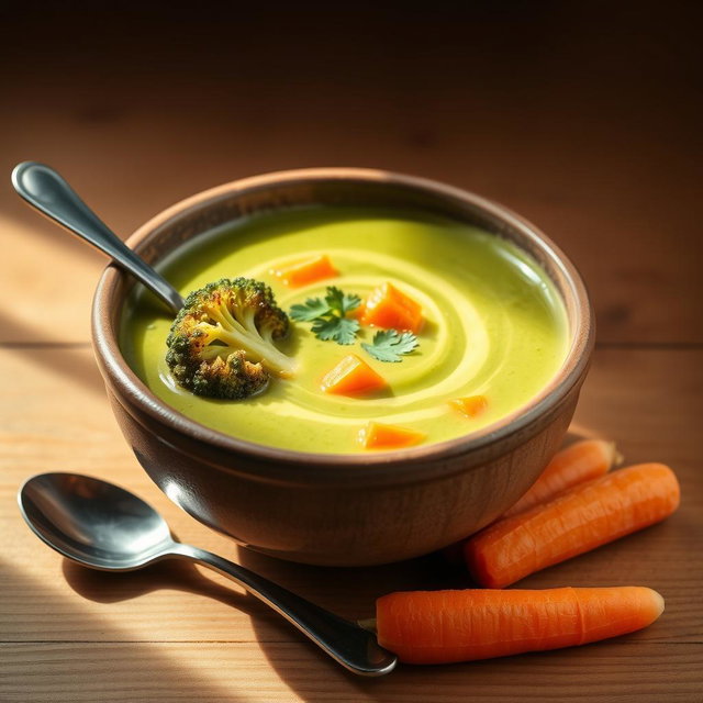 A beautifully crafted bowl of delicious broccoli soup with vibrant orange carrots