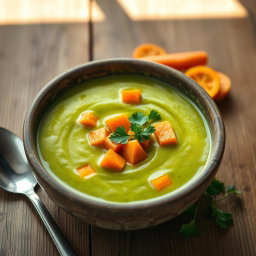 A beautifully crafted bowl of delicious broccoli soup with vibrant orange carrots