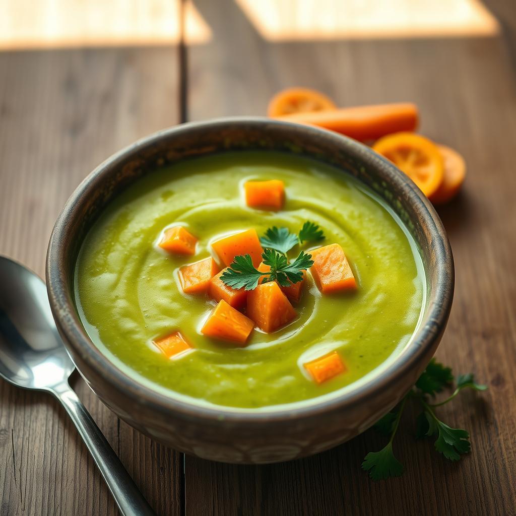 A beautifully crafted bowl of delicious broccoli soup with vibrant orange carrots