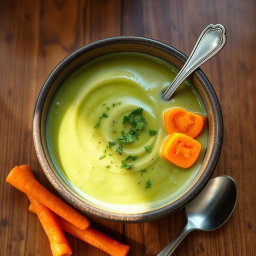 A beautifully crafted bowl of delicious broccoli soup with vibrant orange carrots