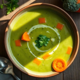 A beautifully crafted bowl of delicious broccoli soup with vibrant orange carrots