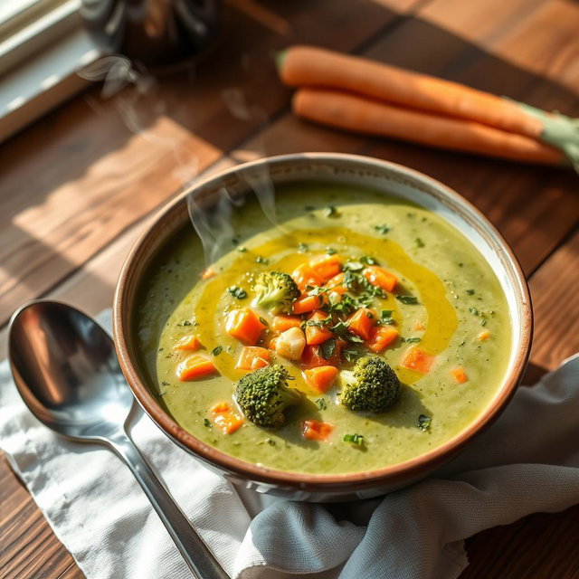 A vibrant bowl of creamy broccoli and carrot soup, garnished with a drizzle of olive oil and sprinkled with fresh herbs