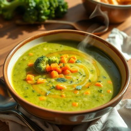 A vibrant bowl of creamy broccoli and carrot soup, garnished with a drizzle of olive oil and sprinkled with fresh herbs
