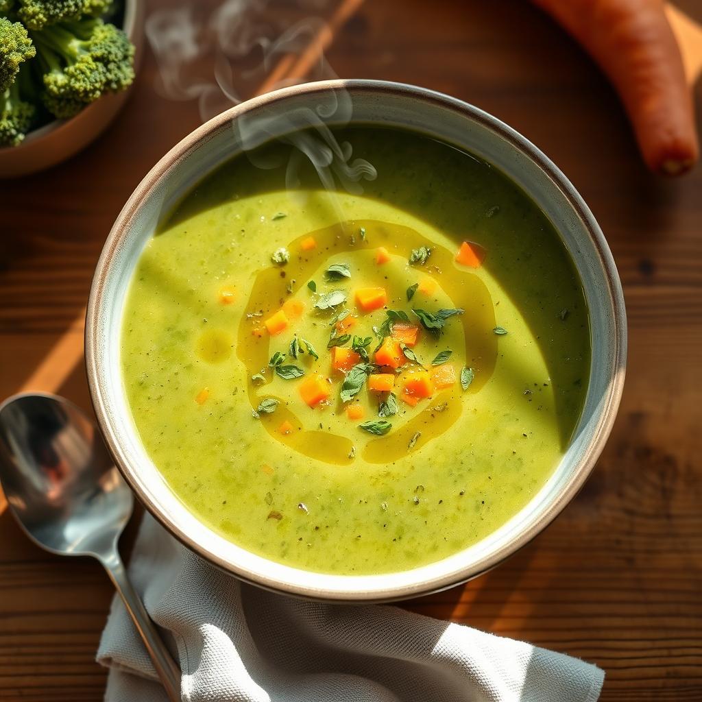 A vibrant bowl of creamy broccoli and carrot soup, garnished with a drizzle of olive oil and sprinkled with fresh herbs
