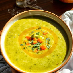 A vibrant bowl of creamy broccoli and carrot soup, garnished with a drizzle of olive oil and sprinkled with fresh herbs