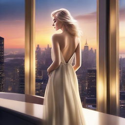 A high quality digital art featuring a stylish blonde woman in a luxurious penthouse