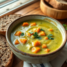 A delicious bowl of broccoli and carrot soup, creamy and vibrant green with chunks of tender carrots peeking through