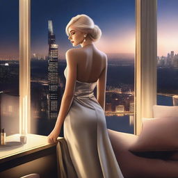 A high quality digital art featuring a stylish blonde woman in a luxurious penthouse