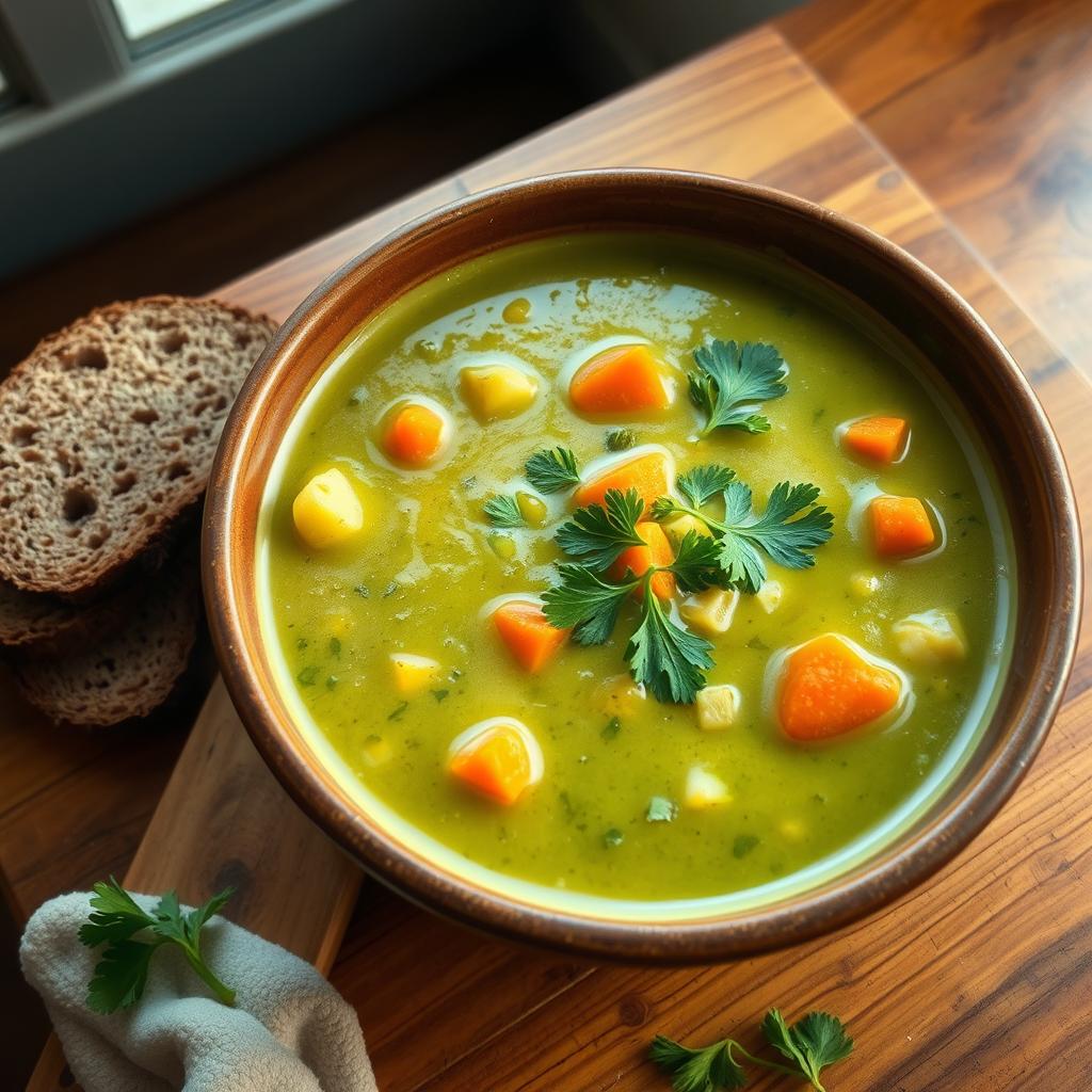 A delicious bowl of broccoli and carrot soup, creamy and vibrant green with chunks of tender carrots peeking through