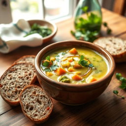A delicious bowl of broccoli and carrot soup, creamy and vibrant green with chunks of tender carrots peeking through