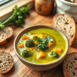 A delicious bowl of broccoli and carrot soup, creamy and vibrant green with chunks of tender carrots peeking through