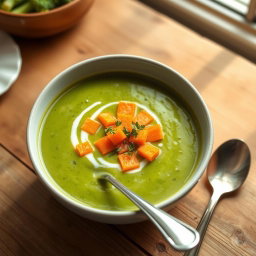 A bowl of creamy broccoli soup with vibrant orange carrot slices on top, garnished with a sprinkle of fresh herbs