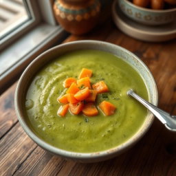 A bowl of creamy broccoli soup with vibrant orange carrot slices on top, garnished with a sprinkle of fresh herbs