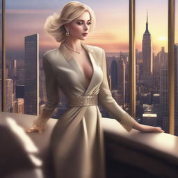 A high quality digital art featuring a stylish blonde woman in a luxurious penthouse