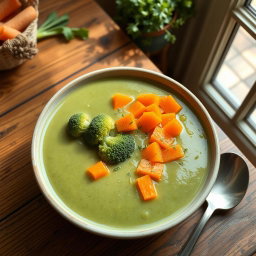 A bowl of creamy broccoli soup with vibrant orange carrot slices on top, garnished with a sprinkle of fresh herbs