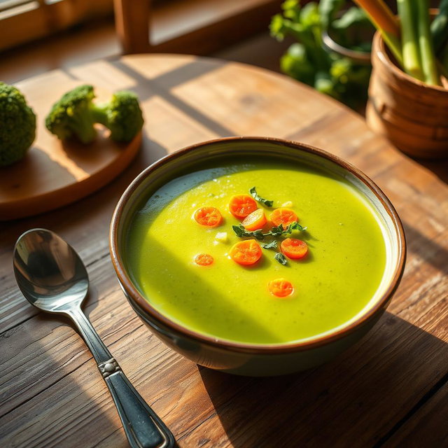 A bowl of creamy broccoli soup with vibrant orange carrot slices on top, garnished with a sprinkle of fresh herbs