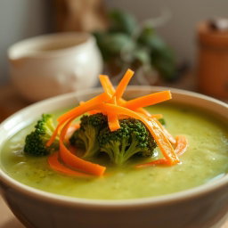 A delicious bowl of broccoli soup garnished with thin slices of vibrant orange carrots
